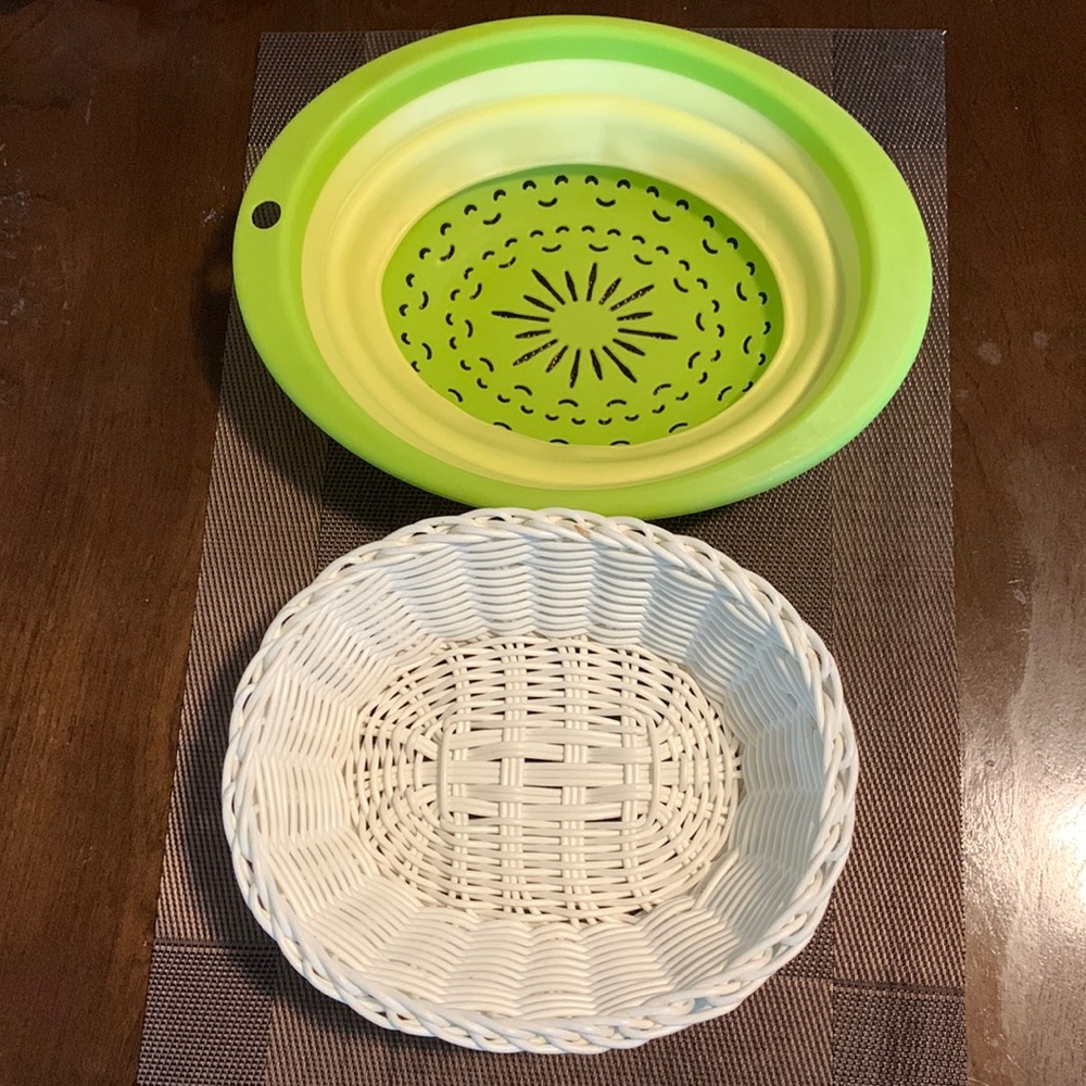 Woven fruit Basket and plastic colander